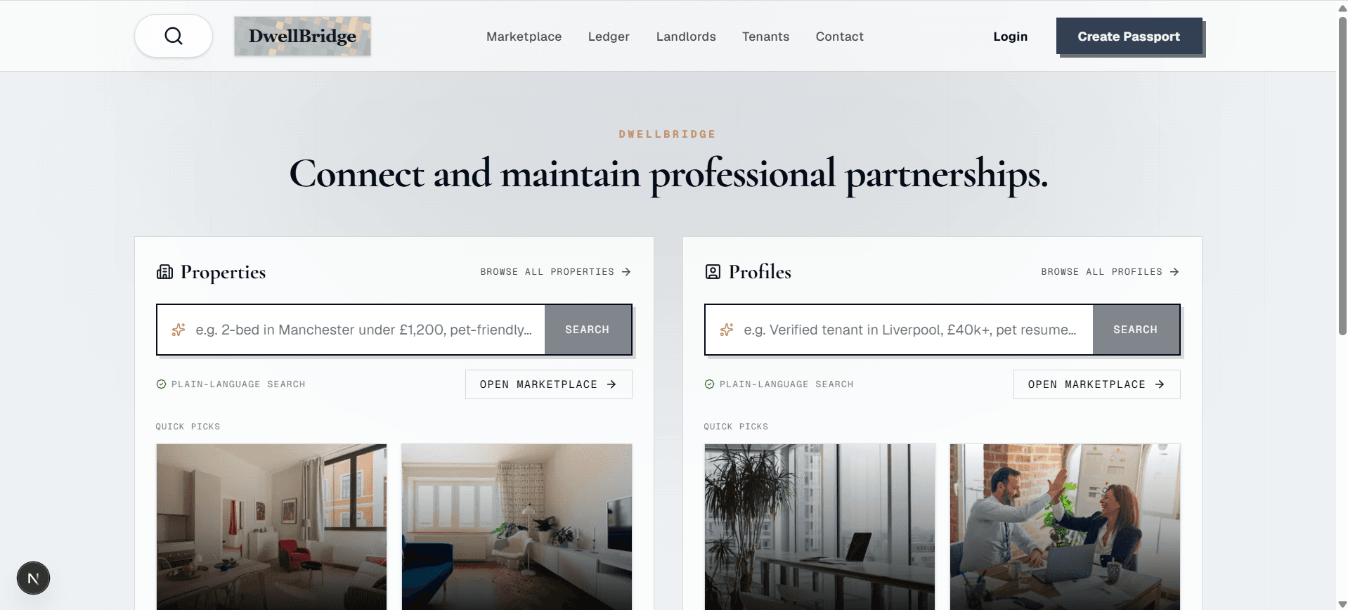 DwellBridge marketplace home with properties and profiles search cards