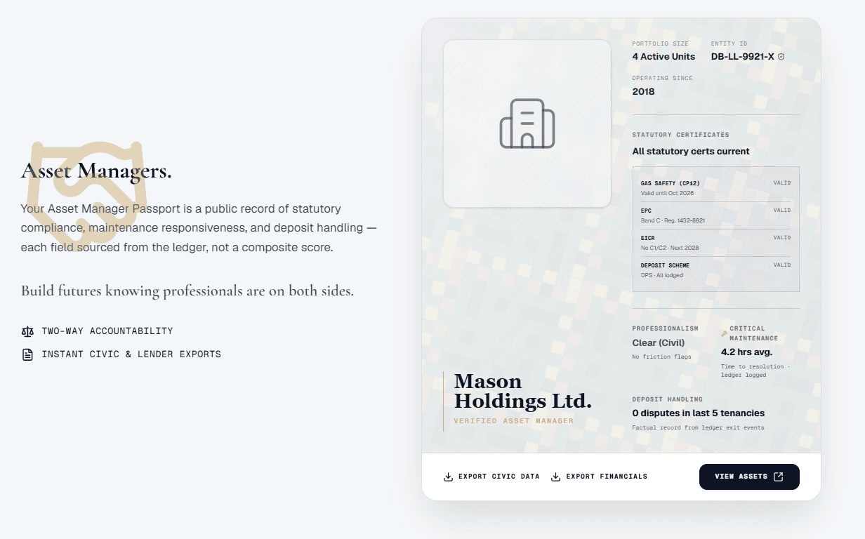 DwellBridge Asset Manager Passport with statutory certificates
