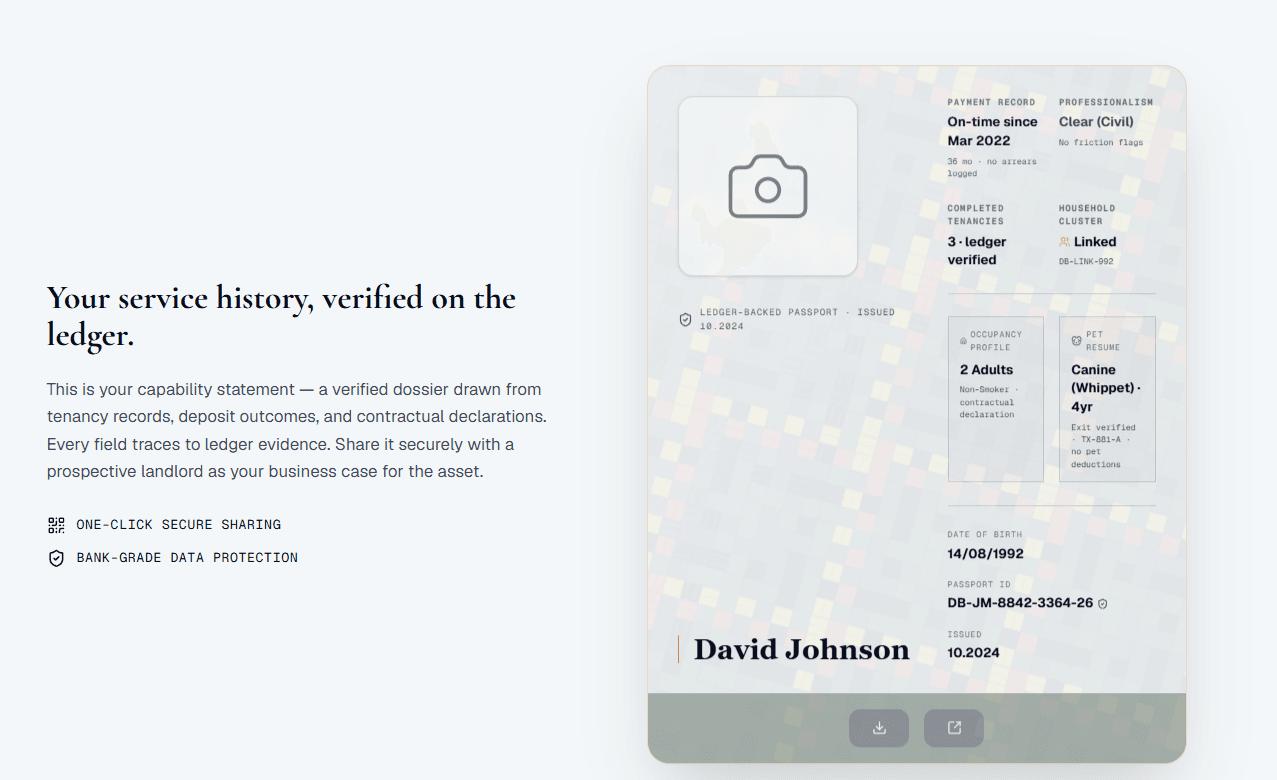 DwellBridge tenant ledger-backed passport card