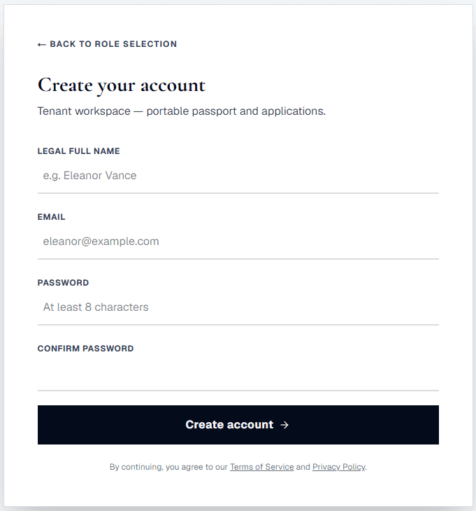 DwellBridge create account form for tenant workspace