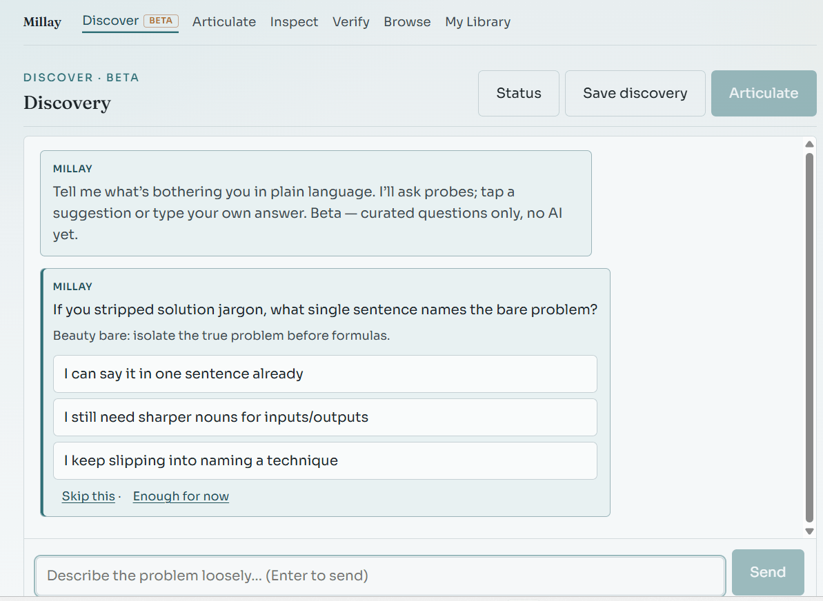 Millay Discover flow with guided prompts
