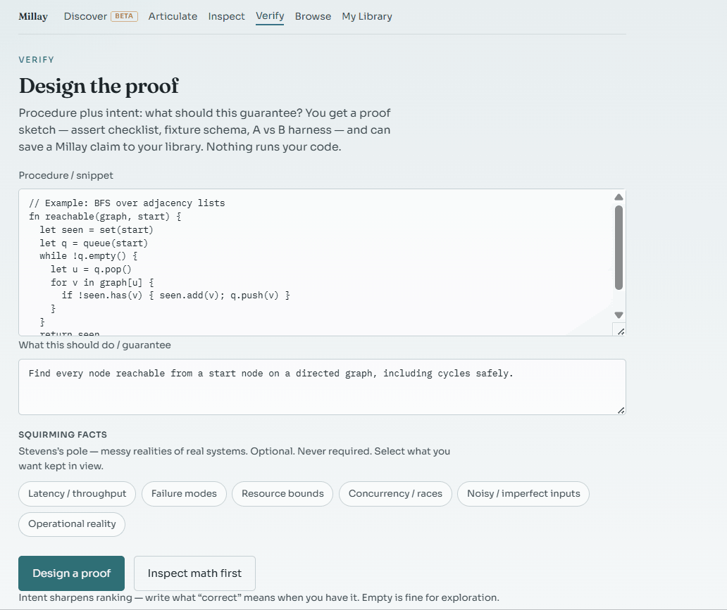 Millay Verify — design the proof from procedure and intent