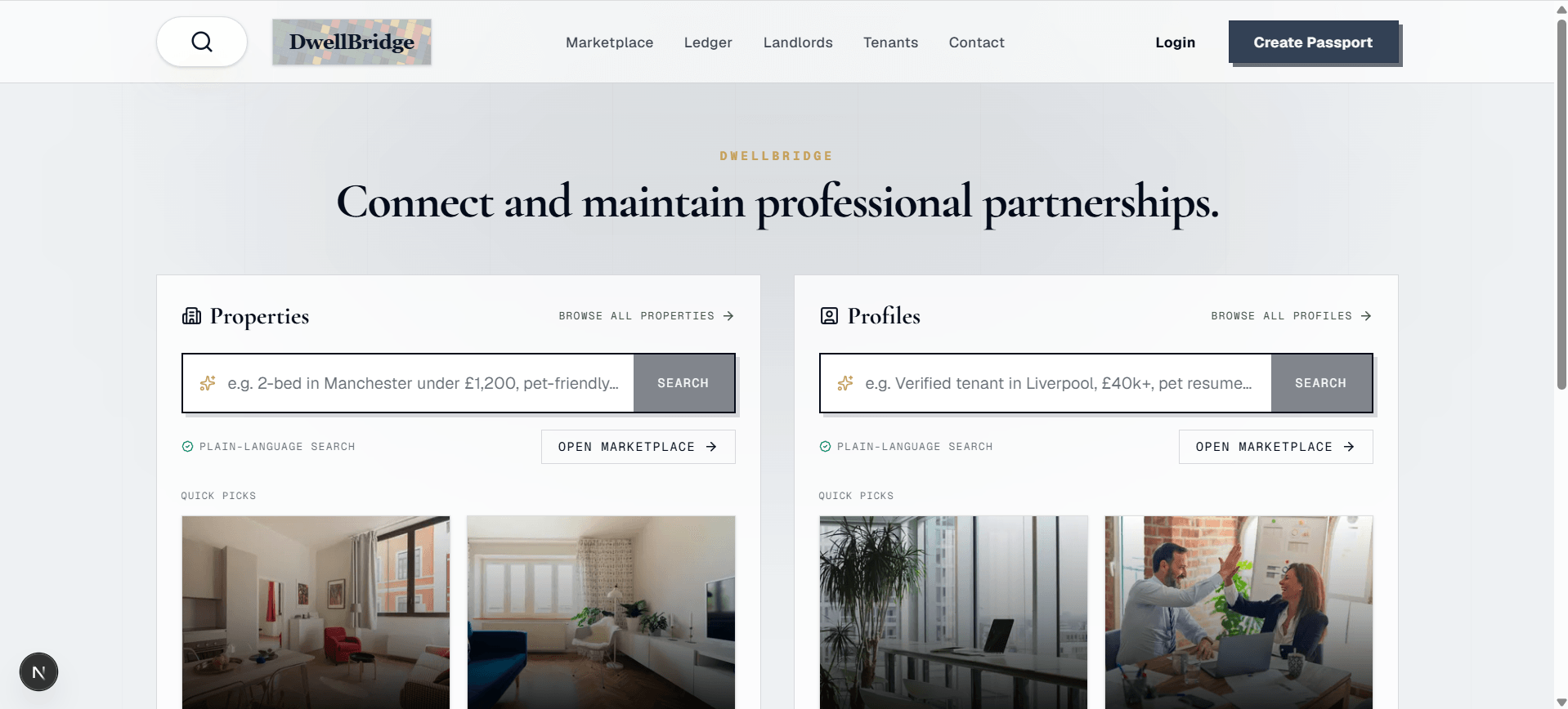 DwellBridge marketplace home with properties and profiles search cards