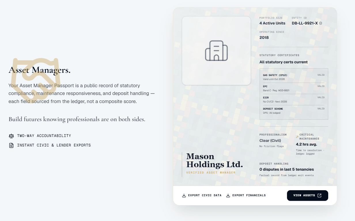 DwellBridge Asset Manager Passport with statutory certificates
