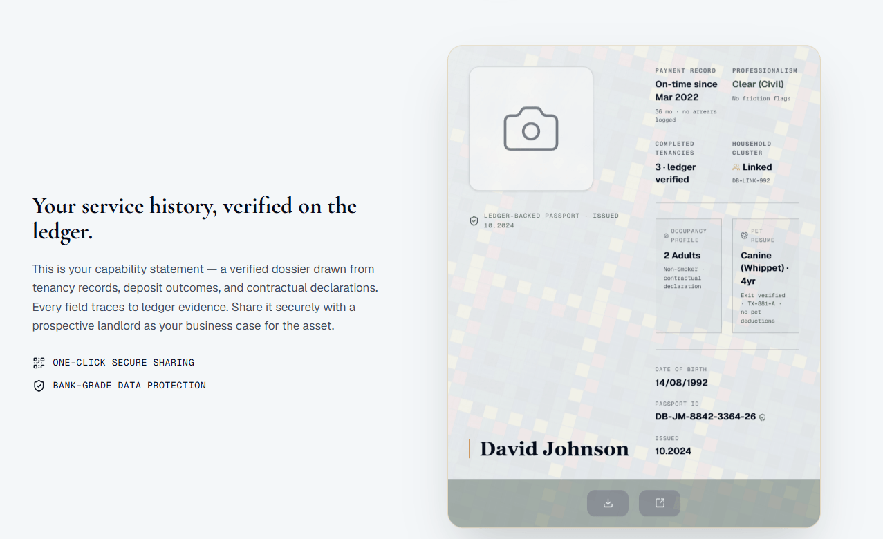 DwellBridge tenant ledger-backed passport card