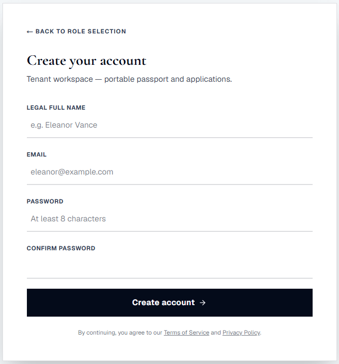 DwellBridge create account form for tenant workspace