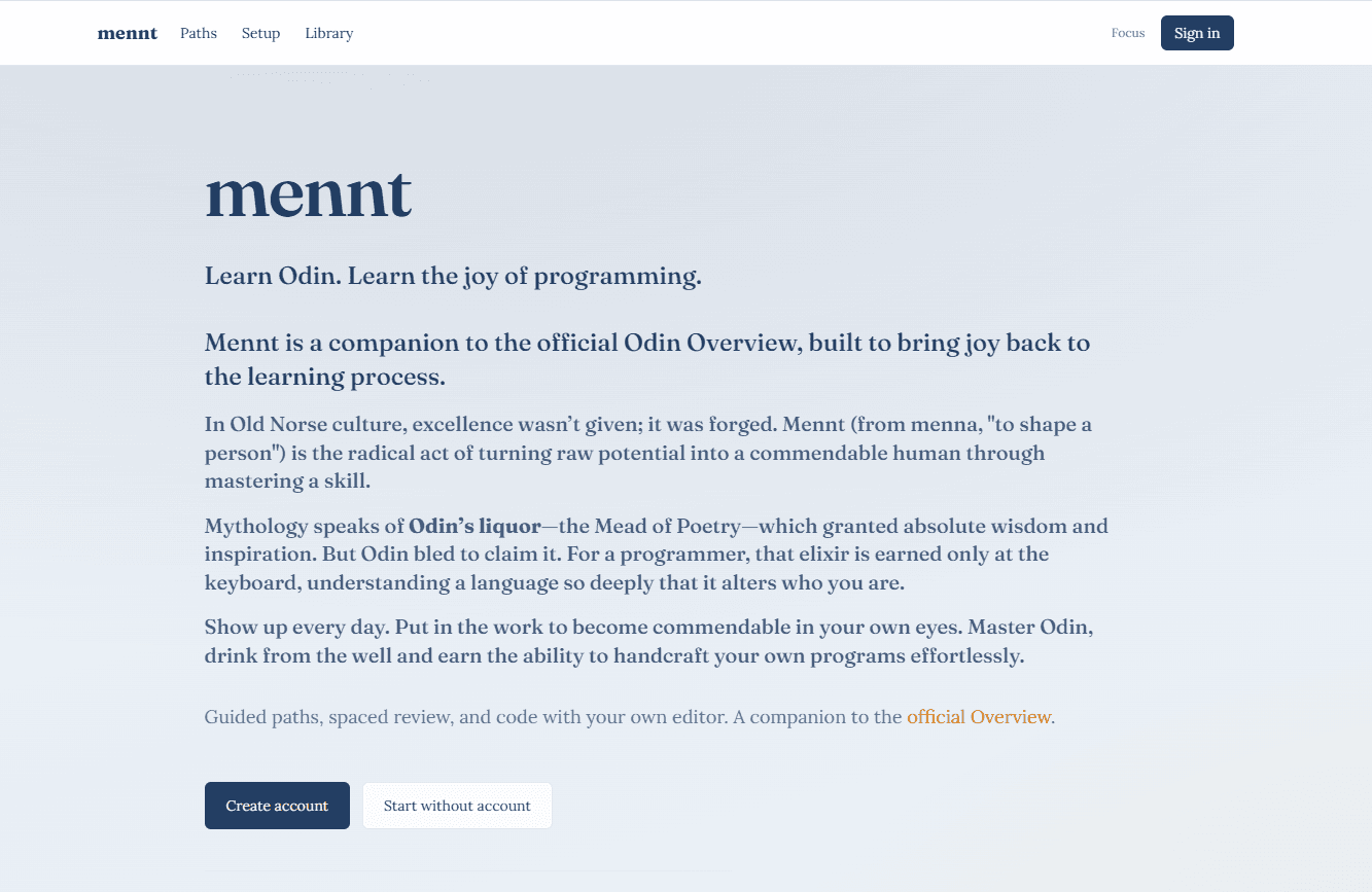 mennt landing page — Learn Odin, guided paths and spaced review