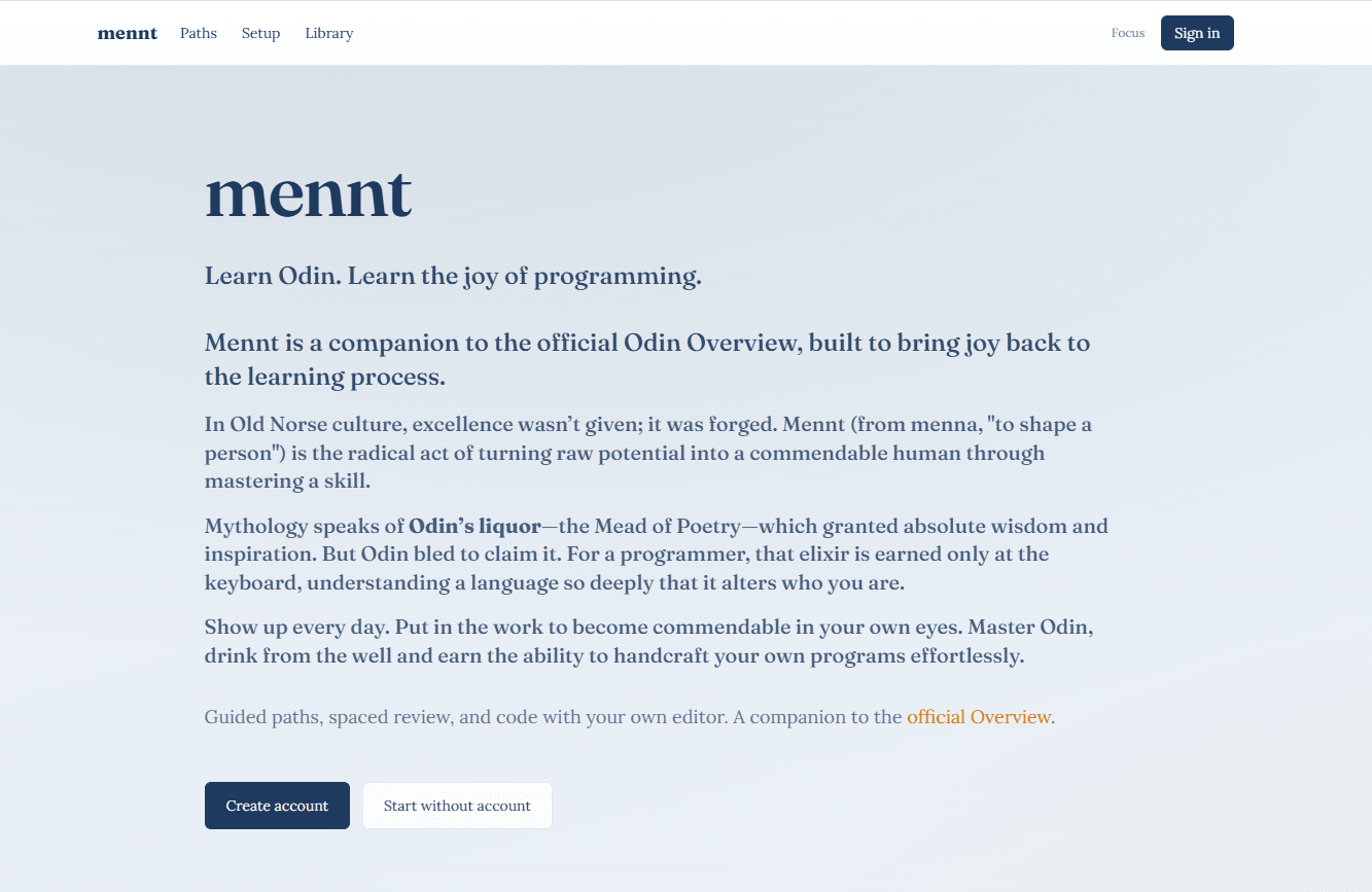 mennt landing page — Learn Odin, guided paths and spaced review