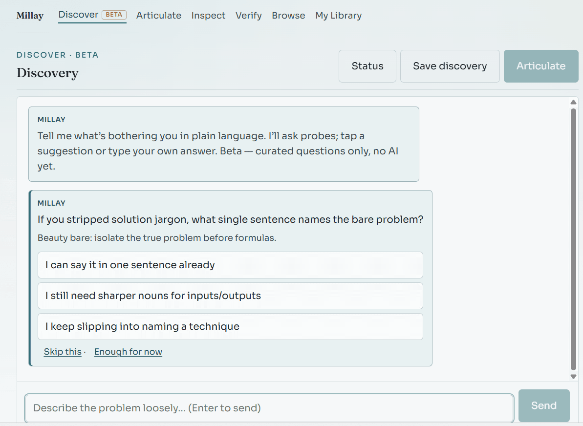 Millay Discover flow with guided prompts