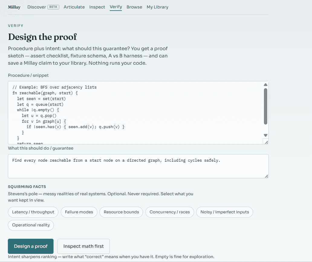 Millay Verify — design the proof from procedure and intent