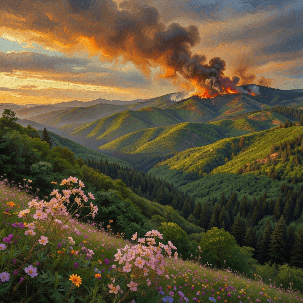 IGNIS splash art — fire on a mountain ridge at golden hour